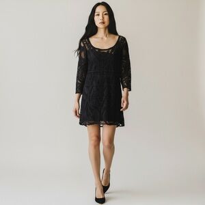 Express Embroidered Mesh Mini Dress Lace Overlay Sheer Sleeves Black M